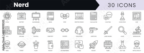 Set of outline nerd icons. Minimalist thin linear web icon set. vector illustration.