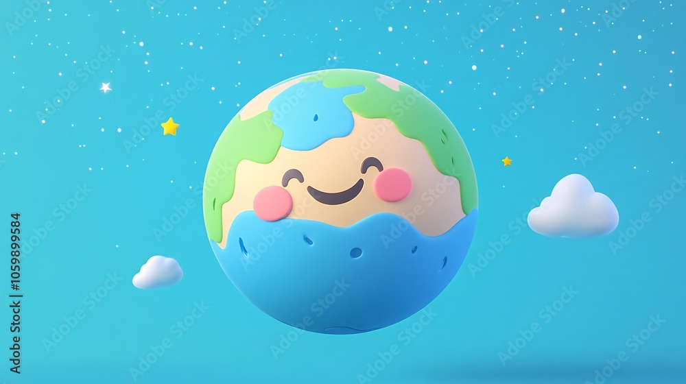 Fototapeta premium cute 3d cartoon earth, exaggerated continents, playful blue oceans, chibi-style planet, soft gradients, floating in starry space, environmental awareness theme