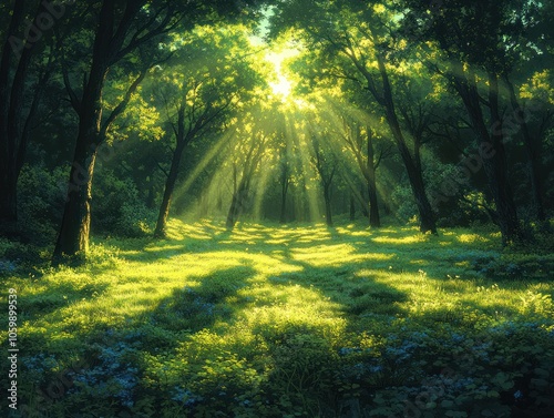 Sunbeams Illuminating a Lush Green Forest Path