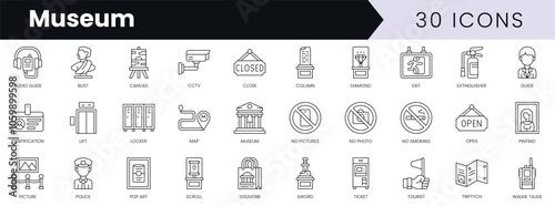 Set of outline museum icons. Minimalist thin linear web icon set. vector illustration.