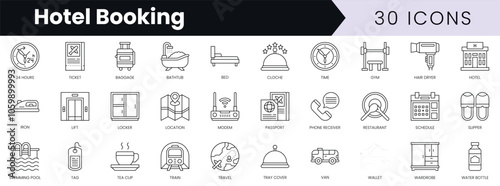 Set of outline hotel booking icons. Minimalist thin linear web icon set. vector illustration.