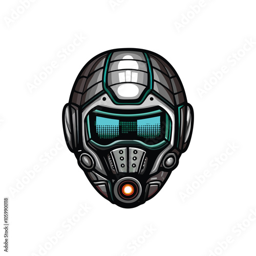 A sleek, futuristic robot helmet with a metallic faceplate, reflecting a cityscape in its gleaming surface.