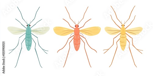 Abstract Illustration Featuring Mosquitoes in a Brightly Colored Flat Design, Set Against a White Background, Capturing the Concept of Virus Transmission and Defense Against Insect Bites, Incorporatin photo