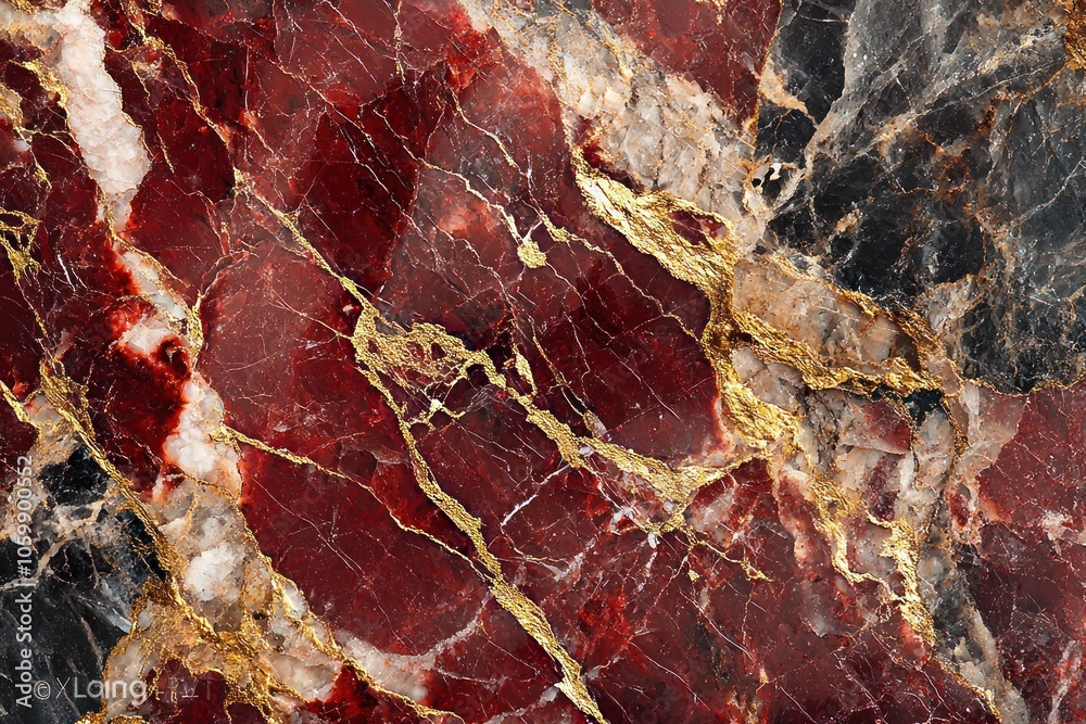 Fototapeta premium Close-up of Red, Black, and White Marble with Gold Veins