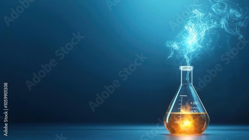 Flask emitting gas as organic reaction progresses, chemical transformation, gas evolution photo