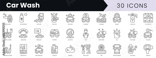 Set of outline car wash icons. Minimalist thin linear web icon set. vector illustration.