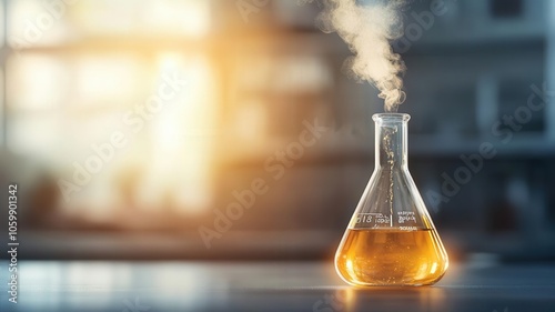 Flask emitting gas as organic reaction progresses, chemical transformation, gas evolution photo