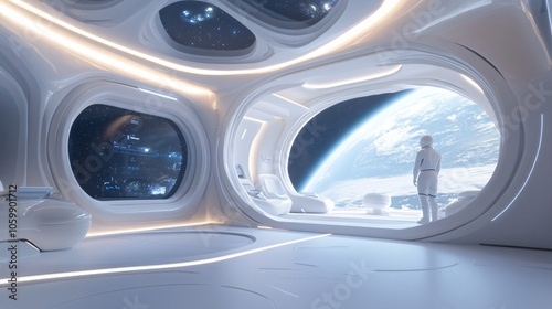 Fototapeta Naklejka Na Ścianę i Meble -  space station university, modular learning pods, orbiting virtual reality classrooms, anti-gravity graduation ceremony, earth view background, starry expanse, 3d model, future of cosmic education
