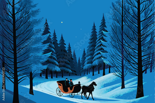 A snowy winter scene with a horse-drawn sleigh transporting passengers through a picturesque village.  The scene should depict the warmth and joy of the holiday season.