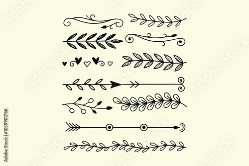 Black and White  Elements with Hearts, Leaves, and Arrows 