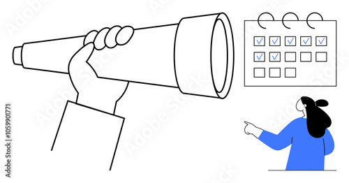 Hand holding telescope with person pointing at calendar with checked boxes Ideal for planning and, organization time management goal setting future outlook scheduling and productivity Flat vector