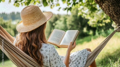 Young Adult Reading Book in Hammock Under Tree