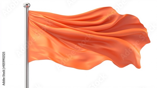 vibrant orange banner fluttering gracefully, sleek metallic flagpole, soft cloth billowing in breeze, hyper-realistic 3d model, pure white backdrop, silky textile sheen, volumetric lighting, digital