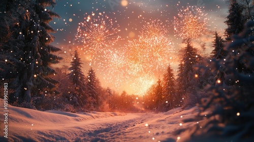 A snowy forest path with a heart-shaped firework display in the sky above.