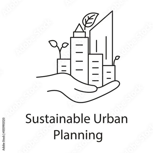 Sustainable Urban Planning Icon – Cityscape with Leaf Symbolizing Eco Development.