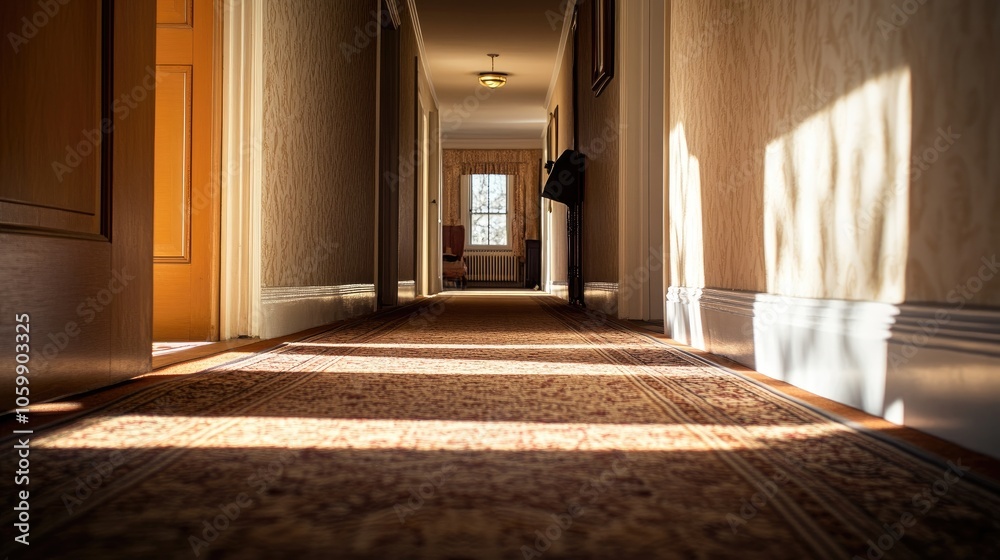 Fototapeta premium Serene Hallway with Warm Lighting and Textured Carpet