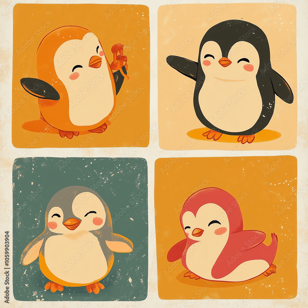 Fototapeta premium a minimalist illustration of four penguins in vibrant, solid squares. 