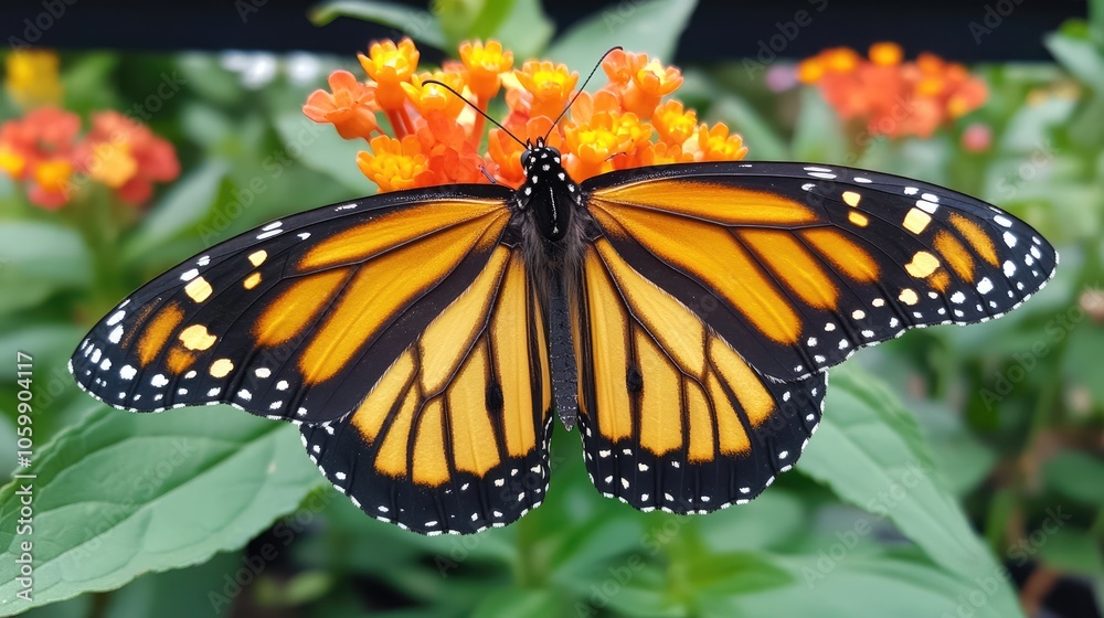 Fototapeta premium Monarch Butterfly on Vibrant Flowers in Garden