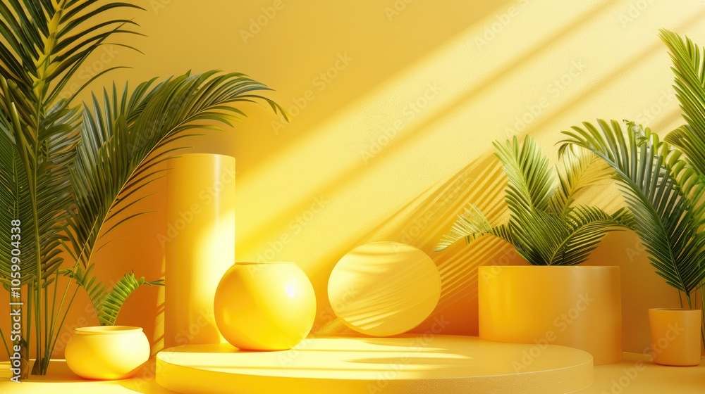 Round orange podium platform showcase with palm tree leaves and pot decor on orange pastel wall backdrop
