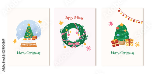 Set of Christmas greeting cards with xmas decoration. Winter Holiday Posters or banners design in cute adorable style with Christmas wreath snowball and Christmas tree