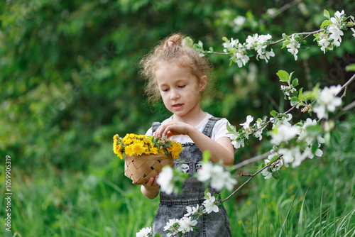 Little curly girl sniffing flowers of blossoming apple tree with dandellions in her hands. garden with flowering trees photo