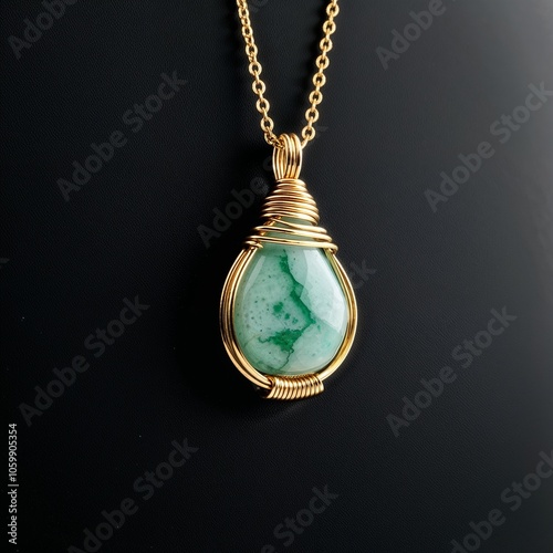 Artisanal jade pendant in gold wire wrapping on plain black dark background photo