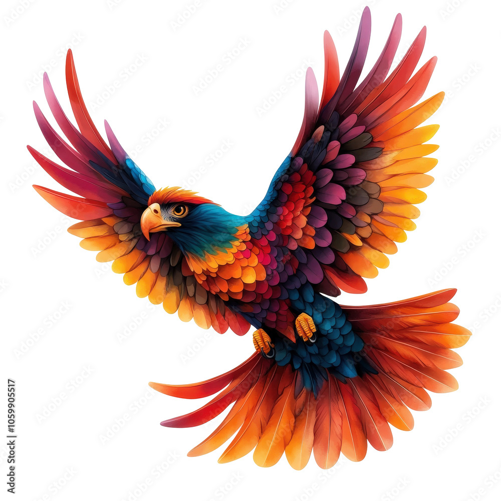 Fototapeta premium Colorful bird soaring gracefully in flight against a white background.