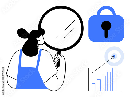 A woman holds a magnifying glass, accompanied by a blue lock icon and a bar chart with a bullseye target. Ideal for data analysis, security, focus, growth strategy, and business intelligence