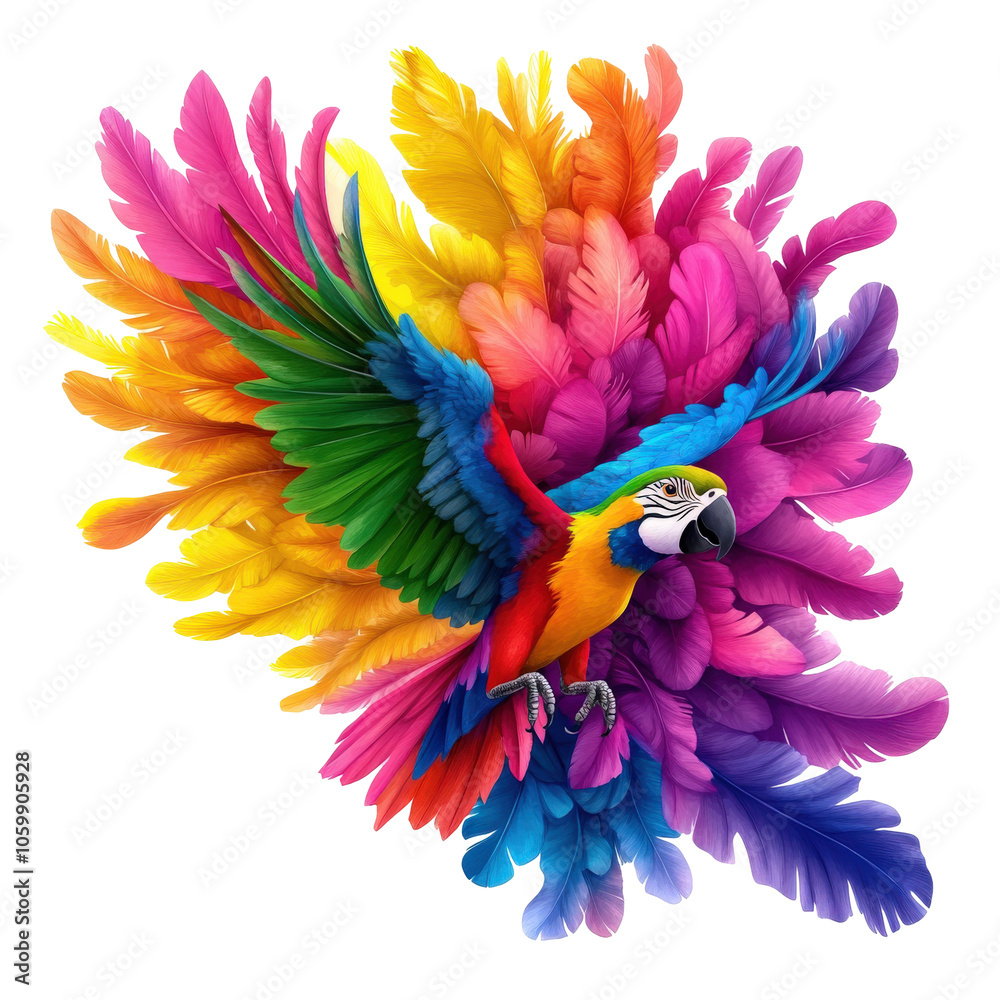 Obraz premium Colorful parrot surrounded by vibrant feathers on a white isolated background.