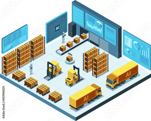Isometric AI-Powered Logistics Hub with Automated Vehicles