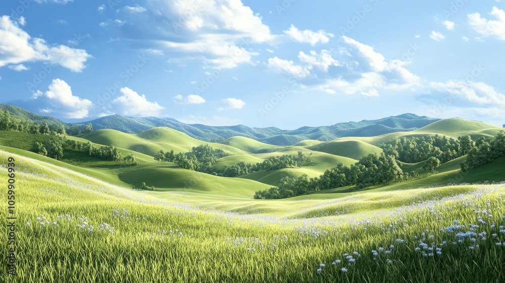 Obraz premium Serene Green Hills Under Bright Blue Sky