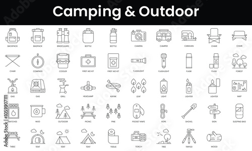 Set of outline camping and outdoor icons. Minimalist thin linear web icon set. vector illustration.