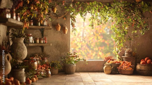 Mystical Medieval Herbalist's Shop Brimming with Autumn Harvest - Ultra-Detailed 3D Render Illustration