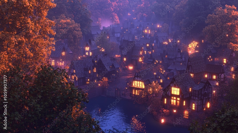 Fototapeta premium Enchanting Medieval Village in Autumn Dusk - Ultra-Detailed Fantasy 3D Render Illustration