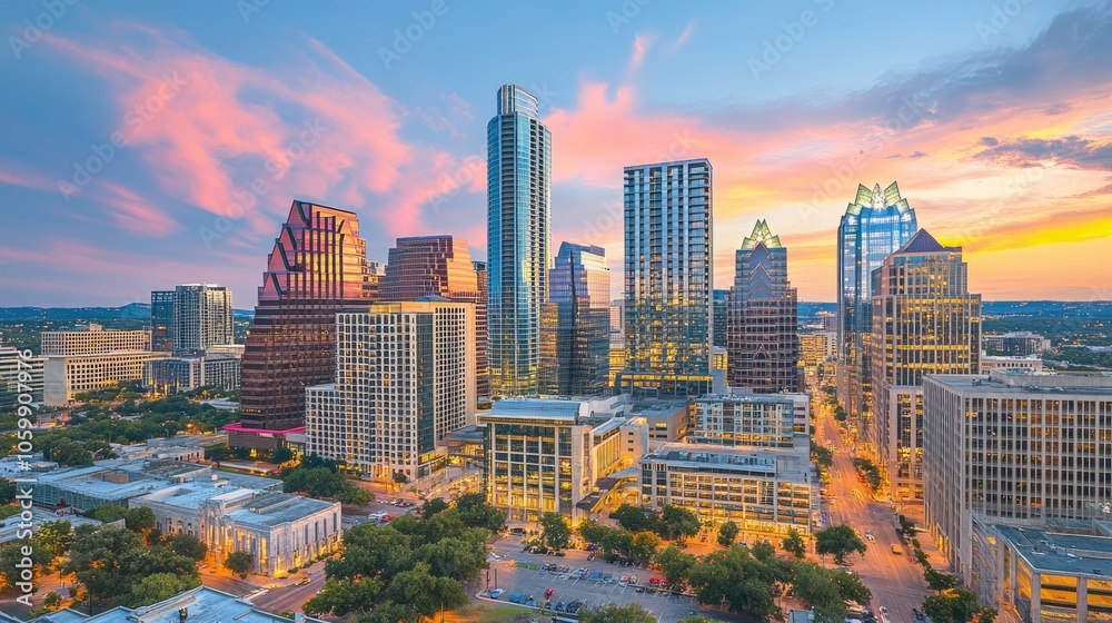 Fototapeta premium Vibrant Sunset Over Austin Skyline Cityscape