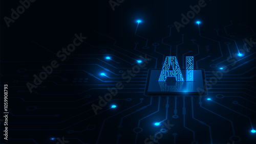 Perspective abstract technology chip processor with artficial intelligence, circuit board on blue background.