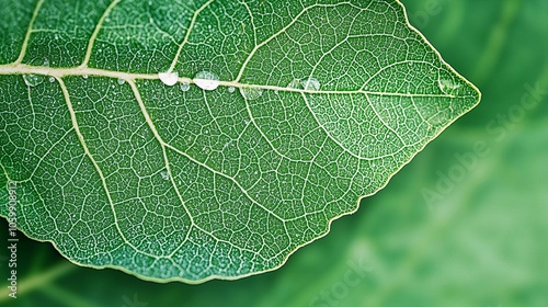 Highcontrast macro of dewcovered leaf veins, vivid greens, and clear water droplet reflections, natural setting photo