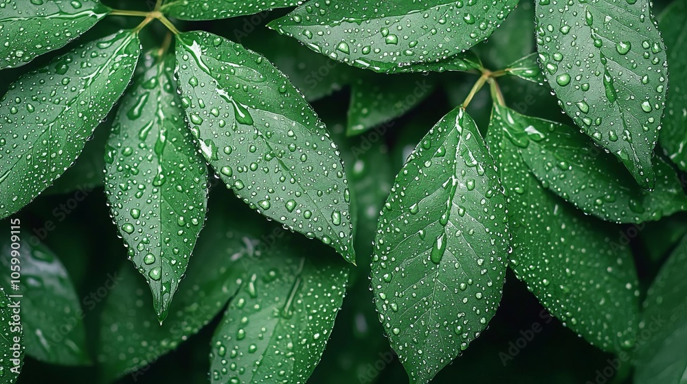 Fototapeta premium Ultraclose view of glistening dewdrops on dark green leaves, strong contrast, each droplet in focus