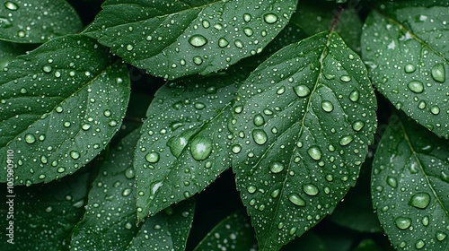 Ultraclose view of glistening dewdrops on dark green leaves, strong contrast, each droplet in focus photo