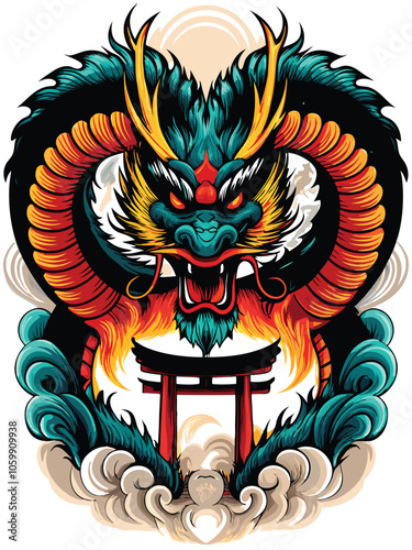 A majestic Japanese dragon, scales shimmering with gold and emerald, fiercely breathes a torrent of fiery red flames against a backdrop of swirling clouds and a stormy sky.