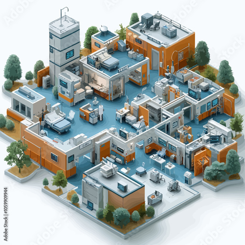 Isometric Hospital Layout 3D Vector Illustration