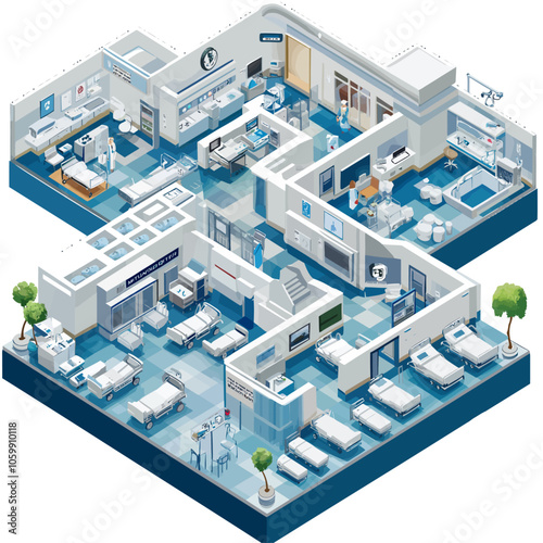 Isometric Hospital Layout 3D Vector Illustration