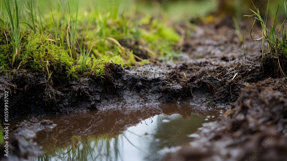 Obraz premium Wetland soil with decaying plant material, nutrient-rich layers, detailed textures, illustrating the role of decomposition in ecosystem health.