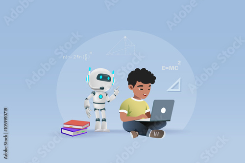 AI Artificial intelligence robot assist student kid doing homework on computer. AI generates information and provide smart solution. Education Technology. 3D Vector.