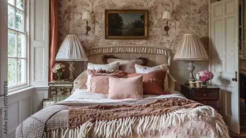 Fringed lampshades and tasselled throw blankets add a touch of whimsy to the Victorianinspired bedroom. photo