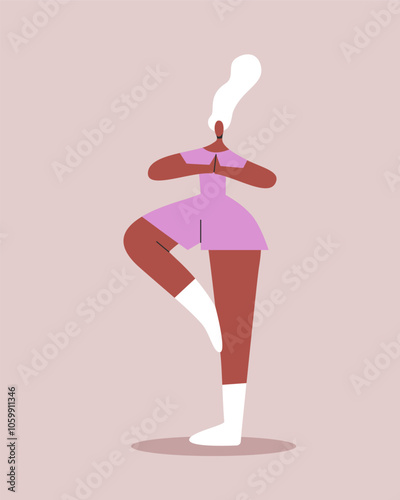 Aging Black Woman demonstrates balance and flexibility by standing on one leg. Female character looks focused and calm in Yoga. Vector illustration in cartoon style.