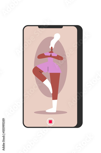 Aging Black Woman demonstrates balance and flexibility by standing on one leg in online app. Female character looks focused and calm. Flat Vector illustration in cartoon style.
