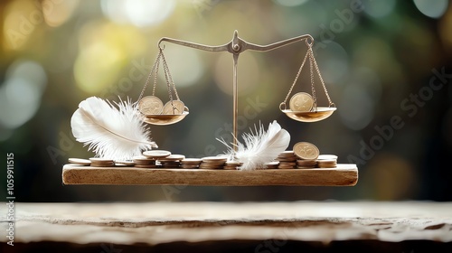 Abstract floating scales with coins balanced against feathers, depicting cost vs value in ethereal form