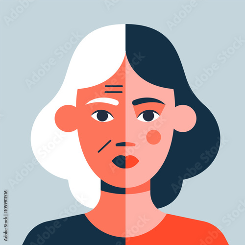 Skin aging girl. Elderly aging woman with young and old face. For plastic surgery, anti-aging creams or cosmetic procedures advertising. Flat vector illustration in cartoon style.