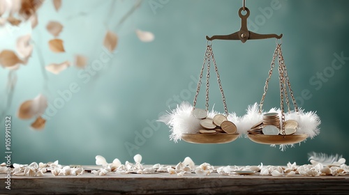 Abstract floating scales with coins balanced against feathers, depicting cost vs value in ethereal form